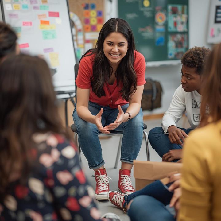 A woman leading a group discussion in a classroom setting.