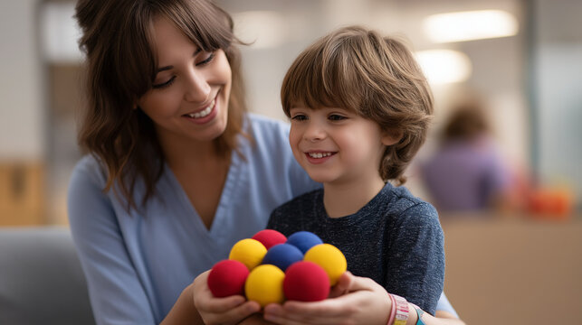 A woman and a young boy holding a cluster of colorful sensory balls.